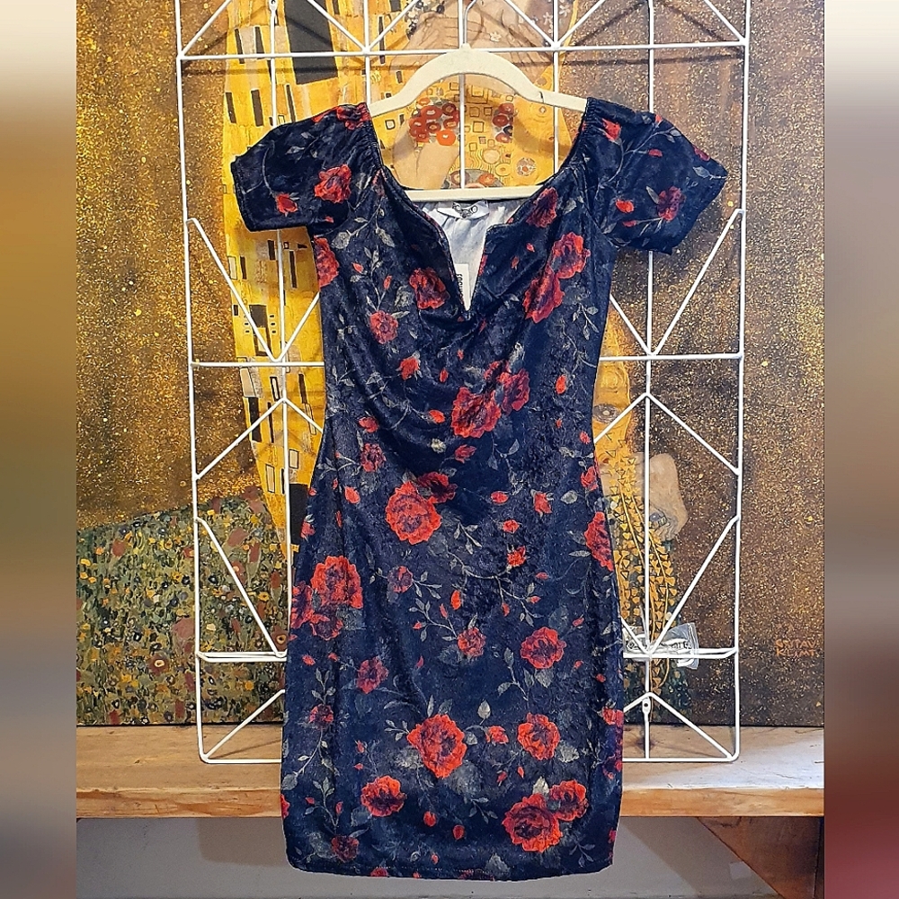 Velour Velvet 80s/90s Style Floral Mini Dress